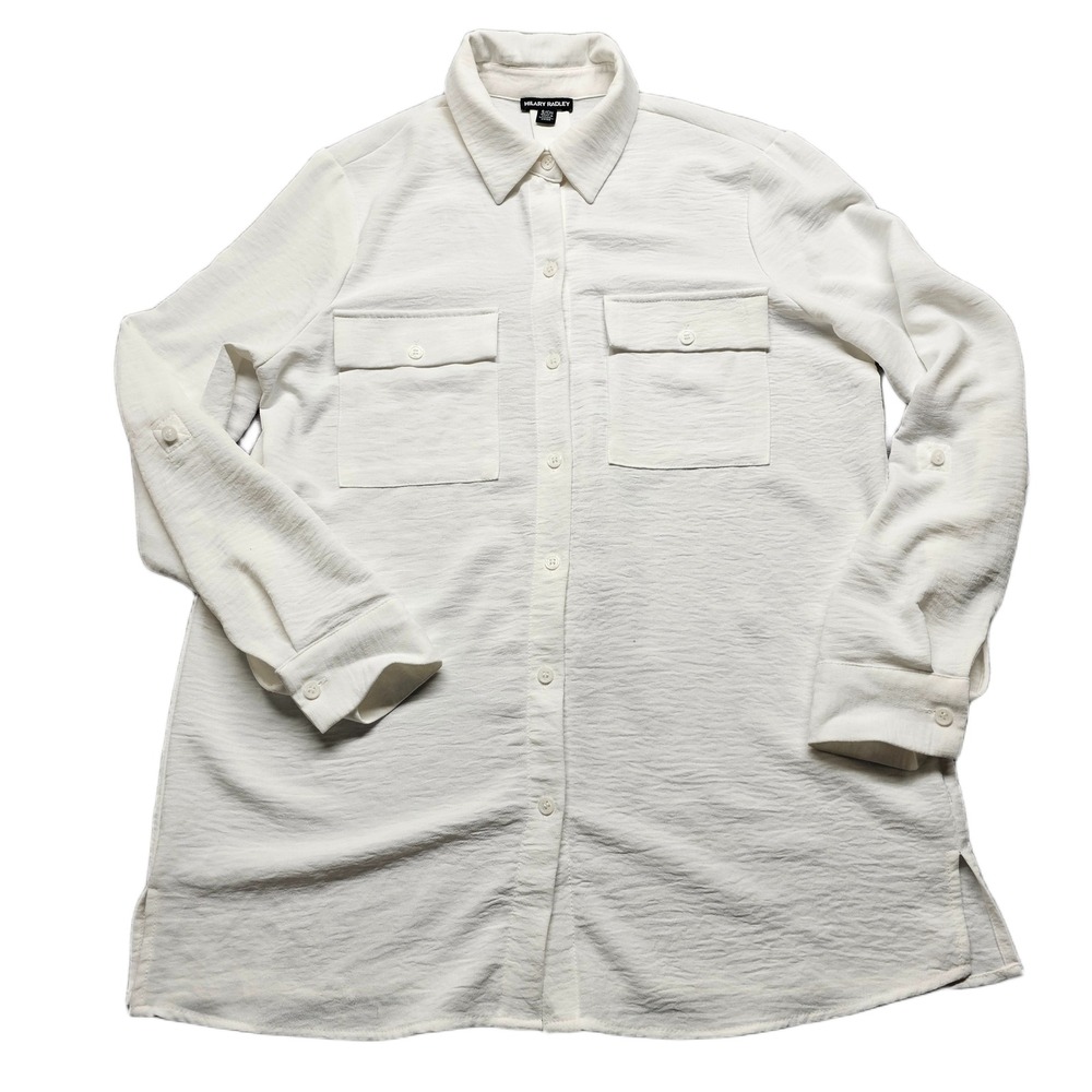 Hilary Radley Shirt Top‎ Womens Small White Roll Tab Sleeve Collared Button Up